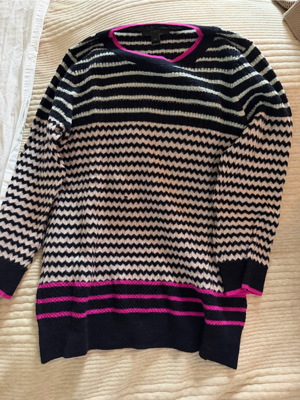 J. Crew Black & Cream Zigzag Women's Sweater with Pink Trim